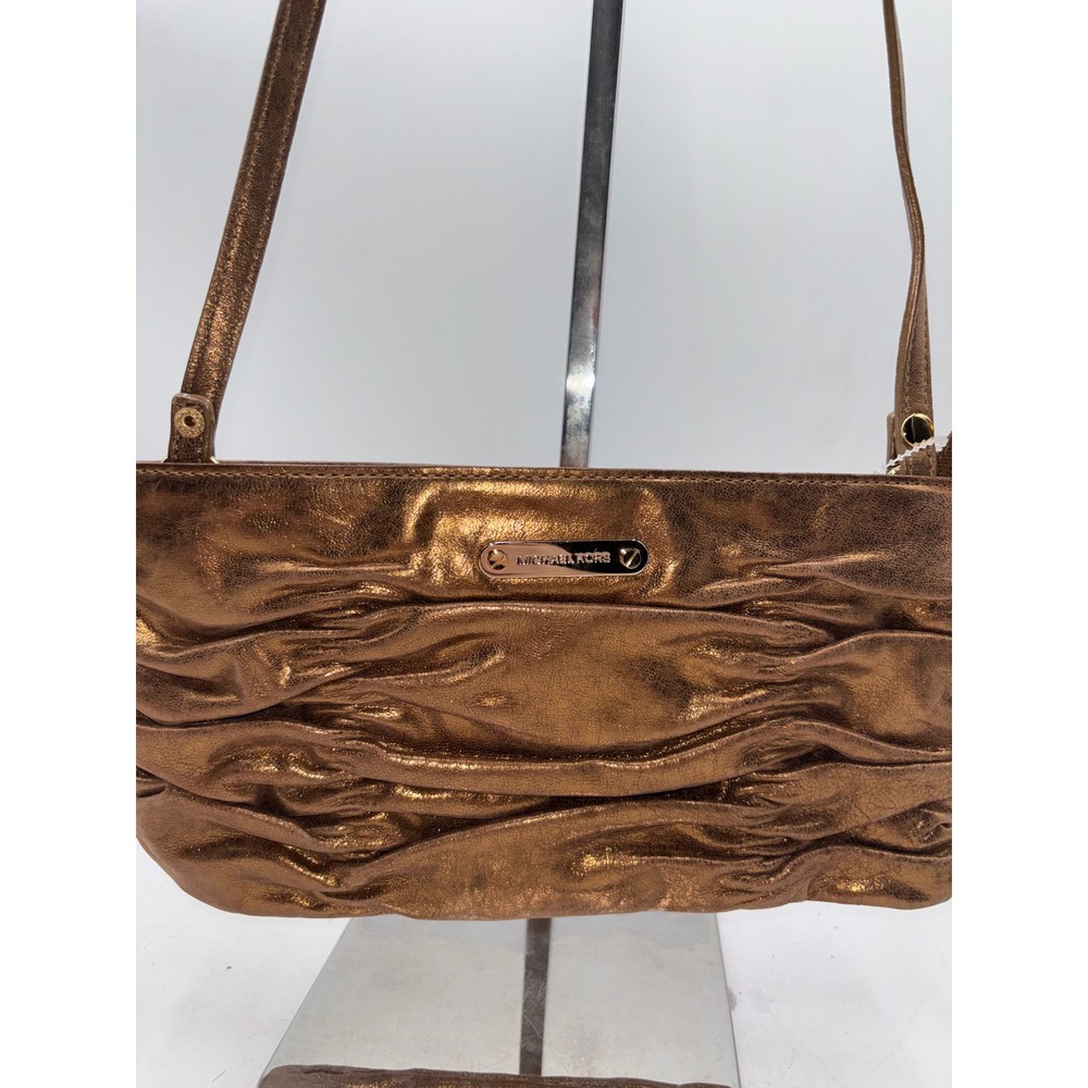 Michael Kors Metallic Bronze Ruched Leather Crossbody Bag Gold Logo B-1006
